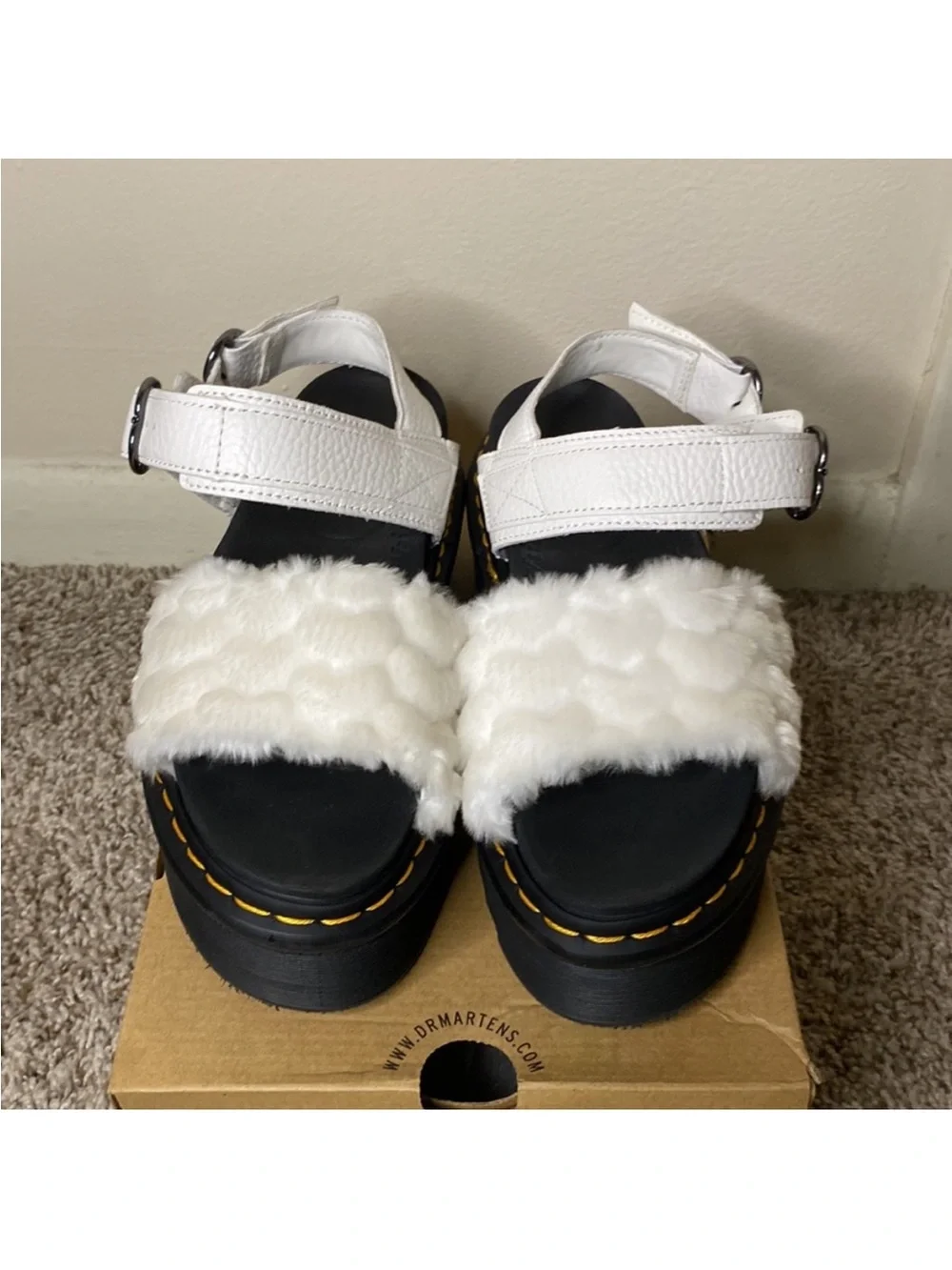 White Faux-Fur Platform Sandals with Buckle Strap